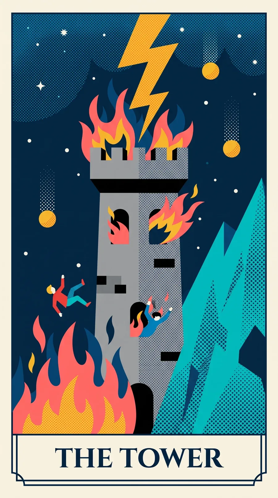 The Tower tarot card from the Halftone Arcana deck